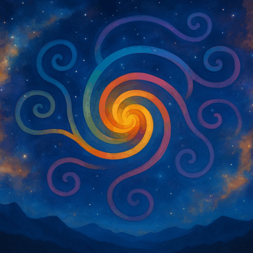 Meine Geschichte - Bunte kosmische Spirale mit farbigen Ausläufern auf Sternenhimmel – symbolisiert Lebenswege, Umwege und die Rückkehr zum eigenen Kern