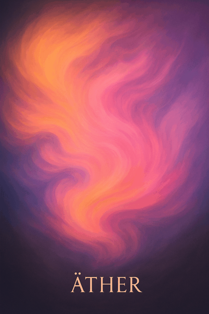 Digitales Kunstwerk mit dem Schriftzug 'ÄTHER' vor einem wolkigen Farbverlauf aus Rosa, Lila und warmen Sonnenuntergangstönen – abstrakt und sanft leuchtend auf dunklem Hintergrund