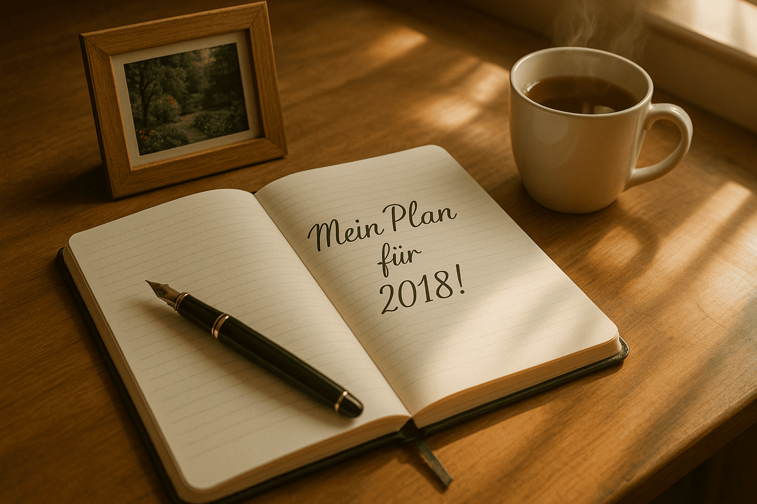 Mein Plan für 2018! - Arbeitsplatz mit Notizblock und Tee.