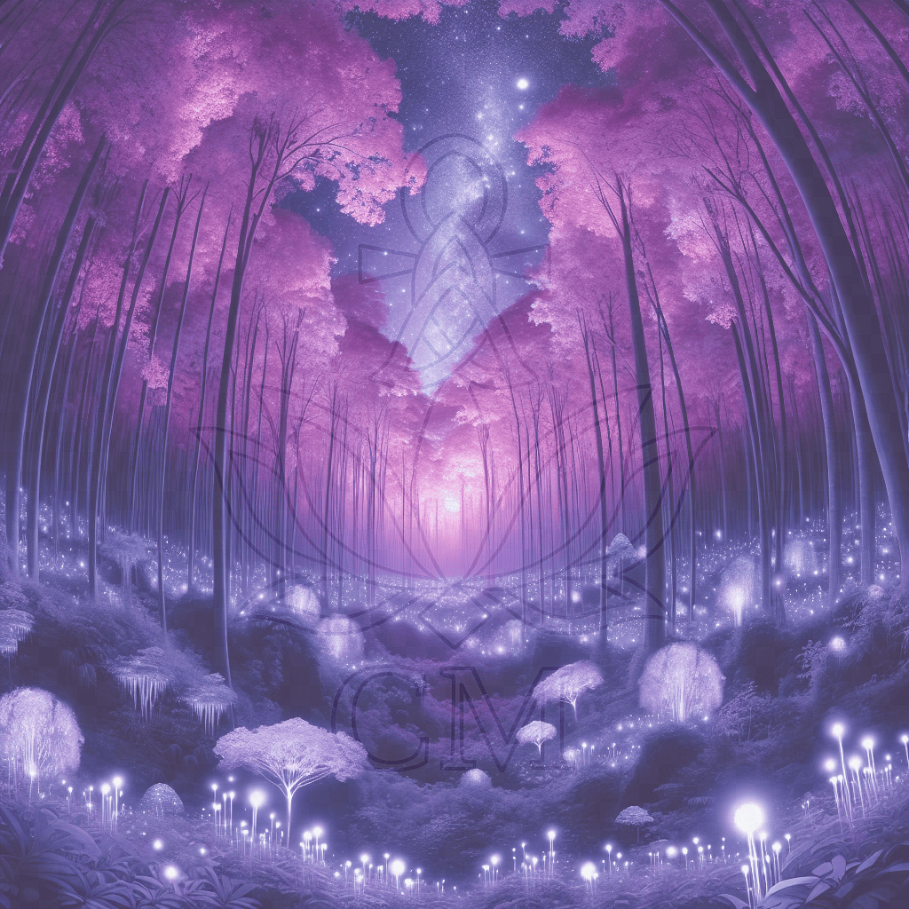 Magischer Wald mit violetten Bäumen, leuchtenden Pflanzen und funkelndem Sternenhimmel.