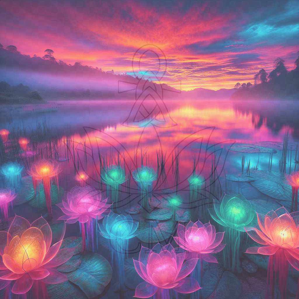 Leuchtende Lotusblüten im Nebel auf einem mystischen See bei Sonnenuntergang mit farbigem Abendhimmel.