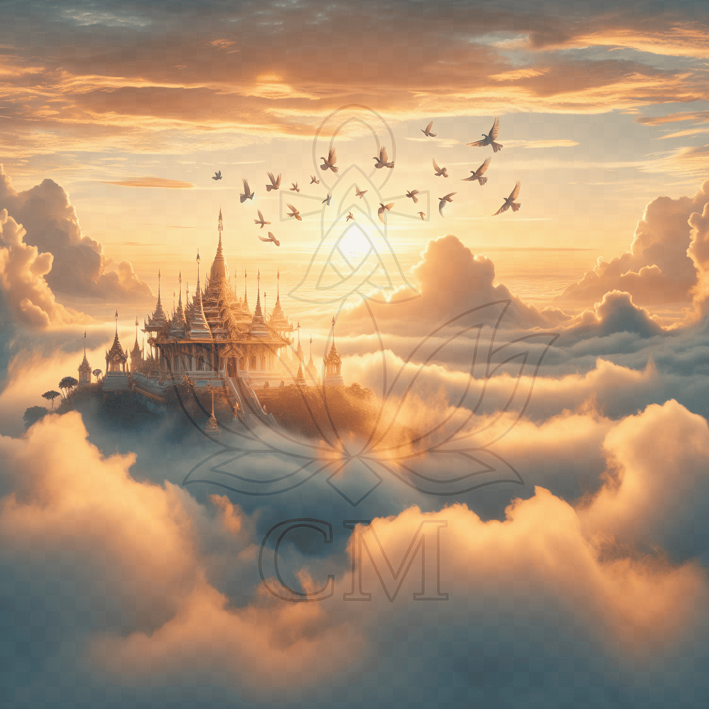 Ein prächtiger Tempel auf Wolken, erleuchtet von der aufgehenden Sonne, mit fliegenden Vögeln und einem goldenen Himmel.