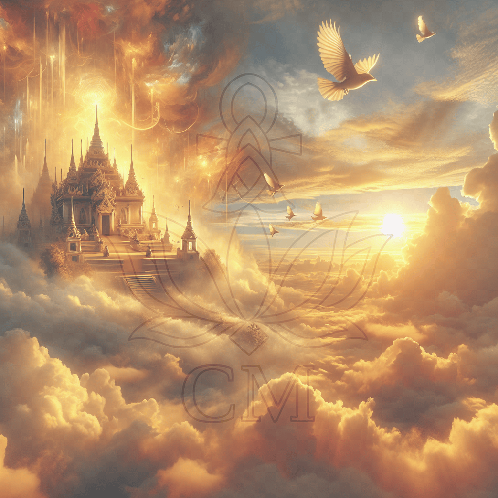 Goldene Morgensonne über einem himmlischen Tempel mit fliegenden Vögeln in leuchtenden Wolken.