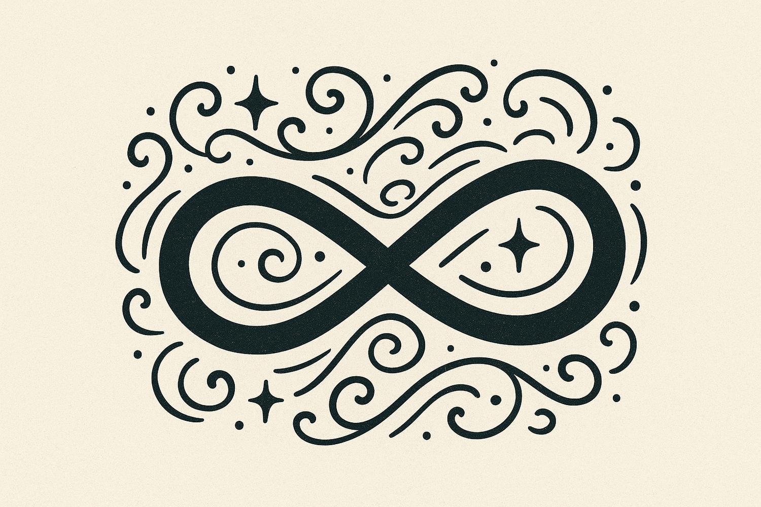 Ein stilvolles Endless-Symbol im mystischen Engelszahlen-Stil, mit feinen Ornamenten und geschwungenen Linien, die das Unendliche und Ewige symbolisieren.