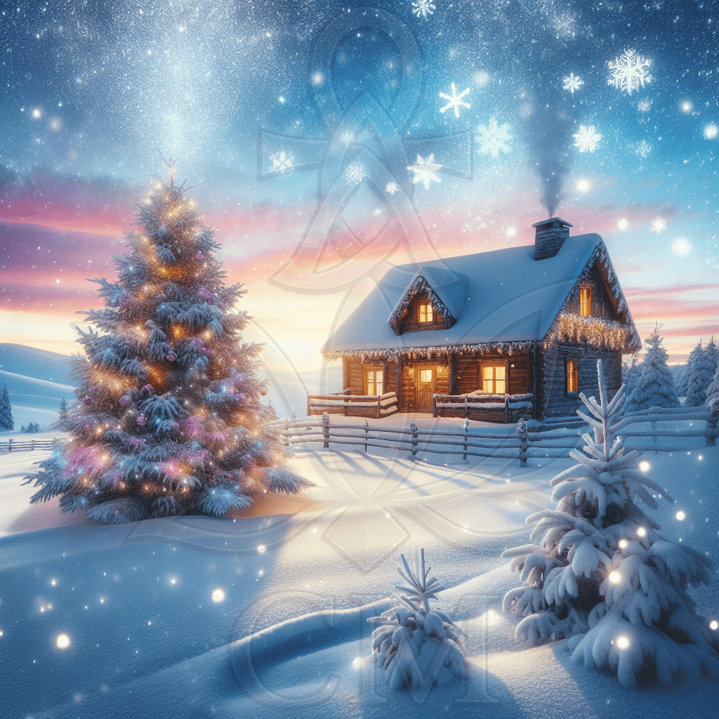 Winterliche Hütte im Sonnenaufgang mit festlich geschmücktem Weihnachtsbaum im Schnee, funkelnden Lichtern und sanft fallenden Schneeflocken.