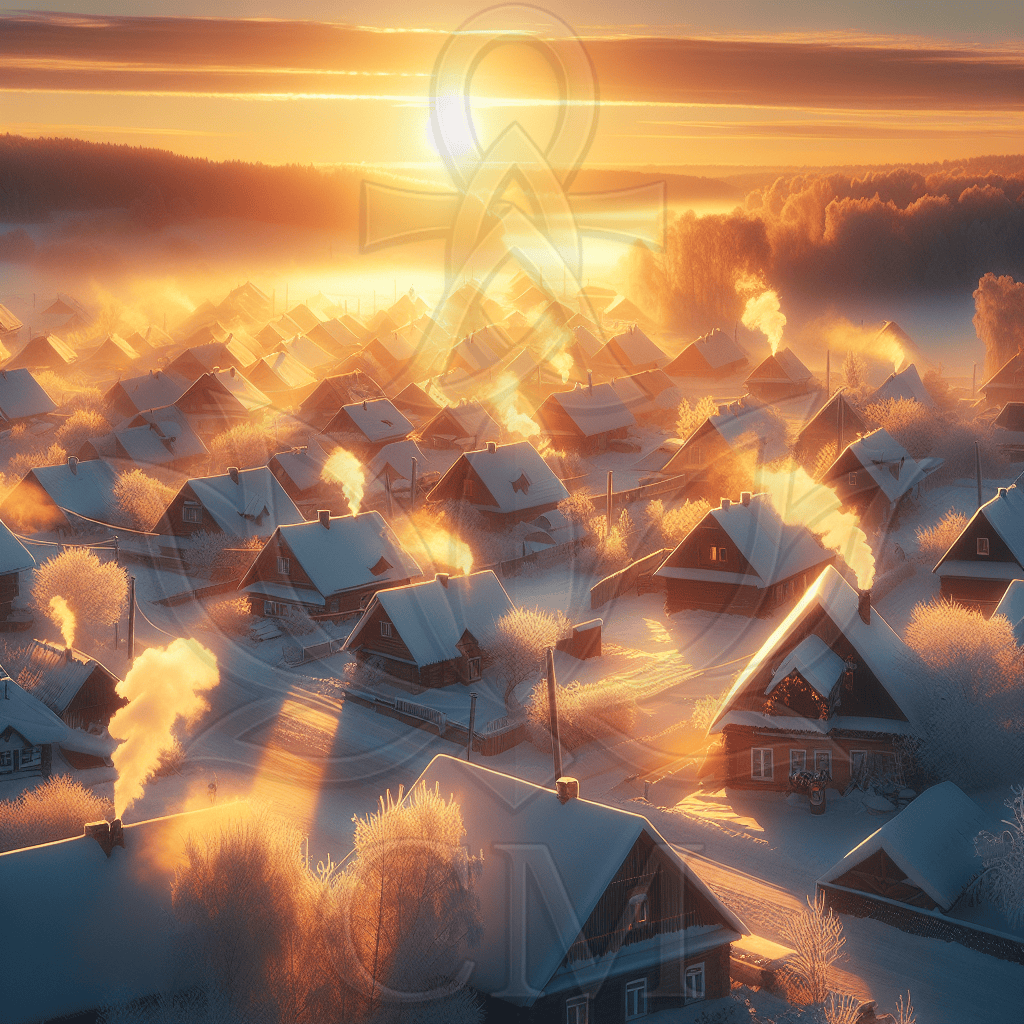 Winterliches Dorf im goldenen Morgenlicht mit rauchenden Kaminen und verschneiten Dächern.