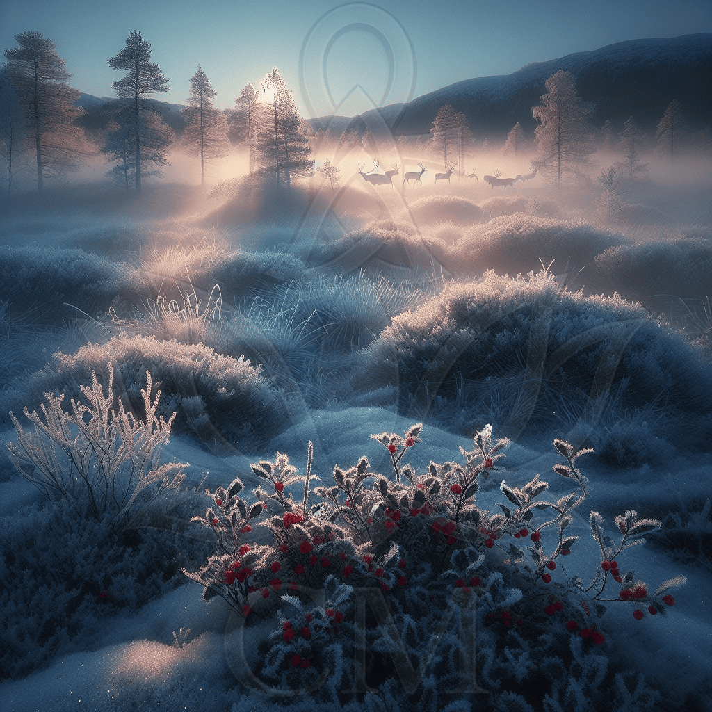 Frostige Winterlandschaft mit rotem Beerengestrüpp im Vordergrund und einer Hirschherde im Nebel des Morgens.