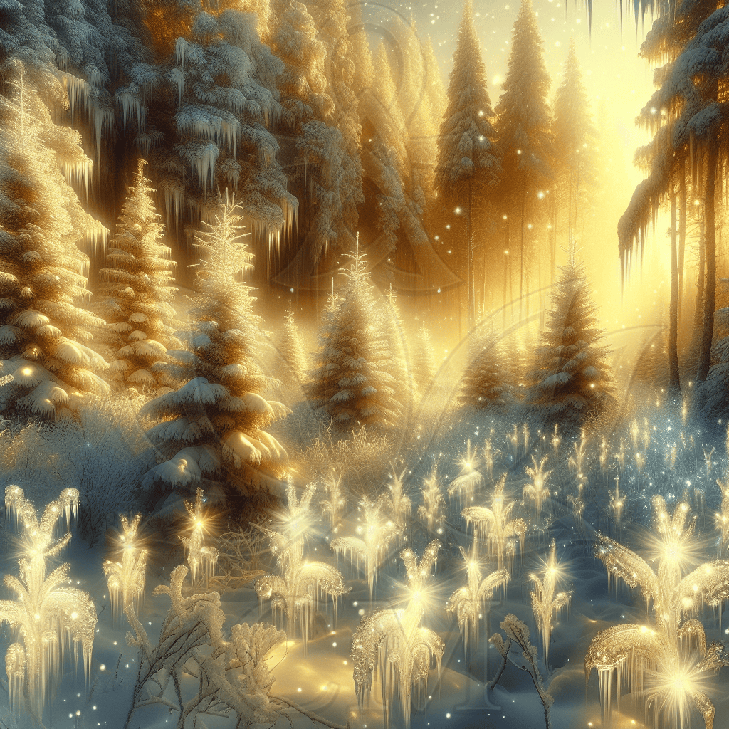 Verschneiter Winterwald im goldenen Licht, glitzernde Eiskristalle und funkelnde Pflanzen in sanfter Morgenstimmung.