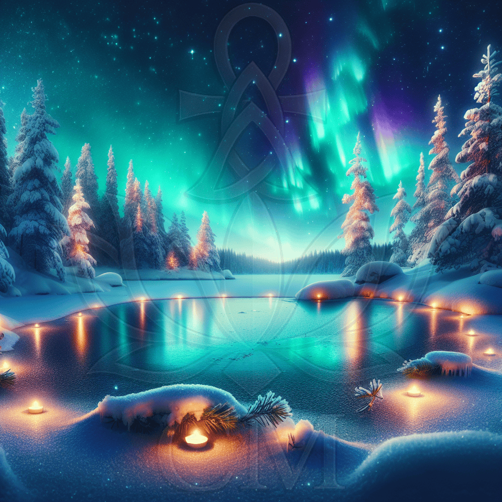 Verschneite Winterlandschaft mit Nordlichtern über einem gefrorenen See, auf dem Kerzenlichter im Schnee funkeln.