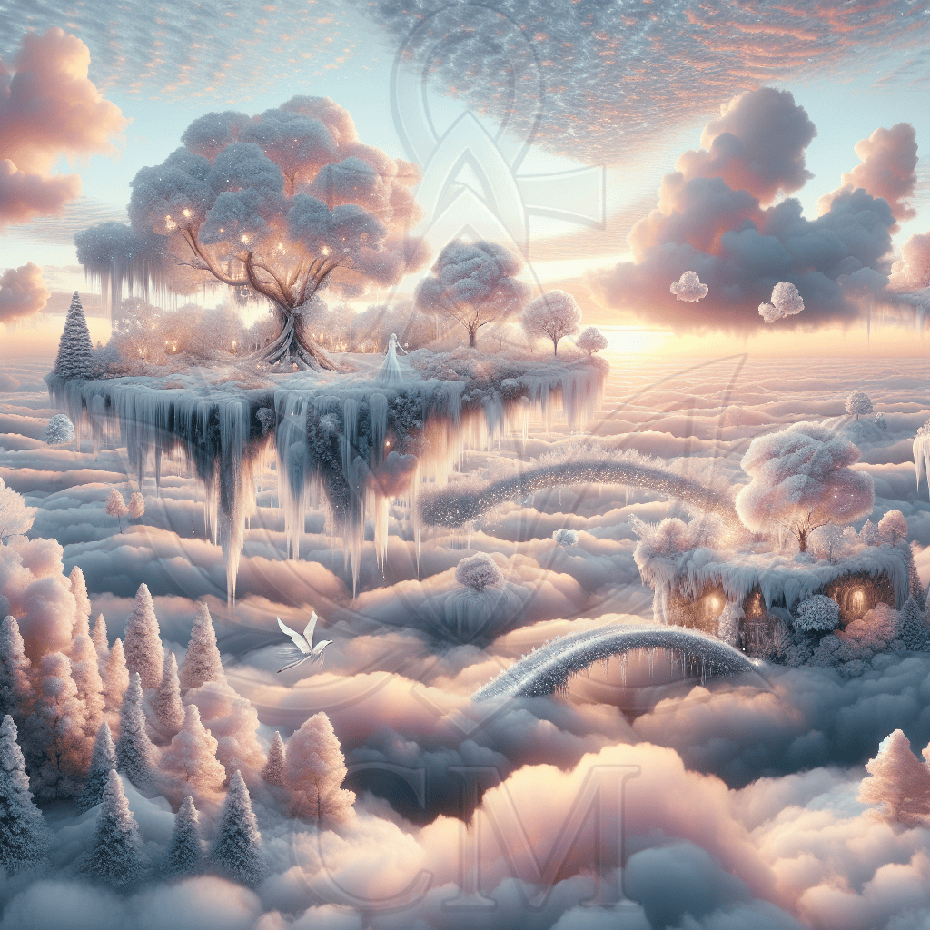 Schwebende winterliche Inseln über Wolken, glitzernde Bäume und funkelnde Lichtbögen im Morgenlicht.