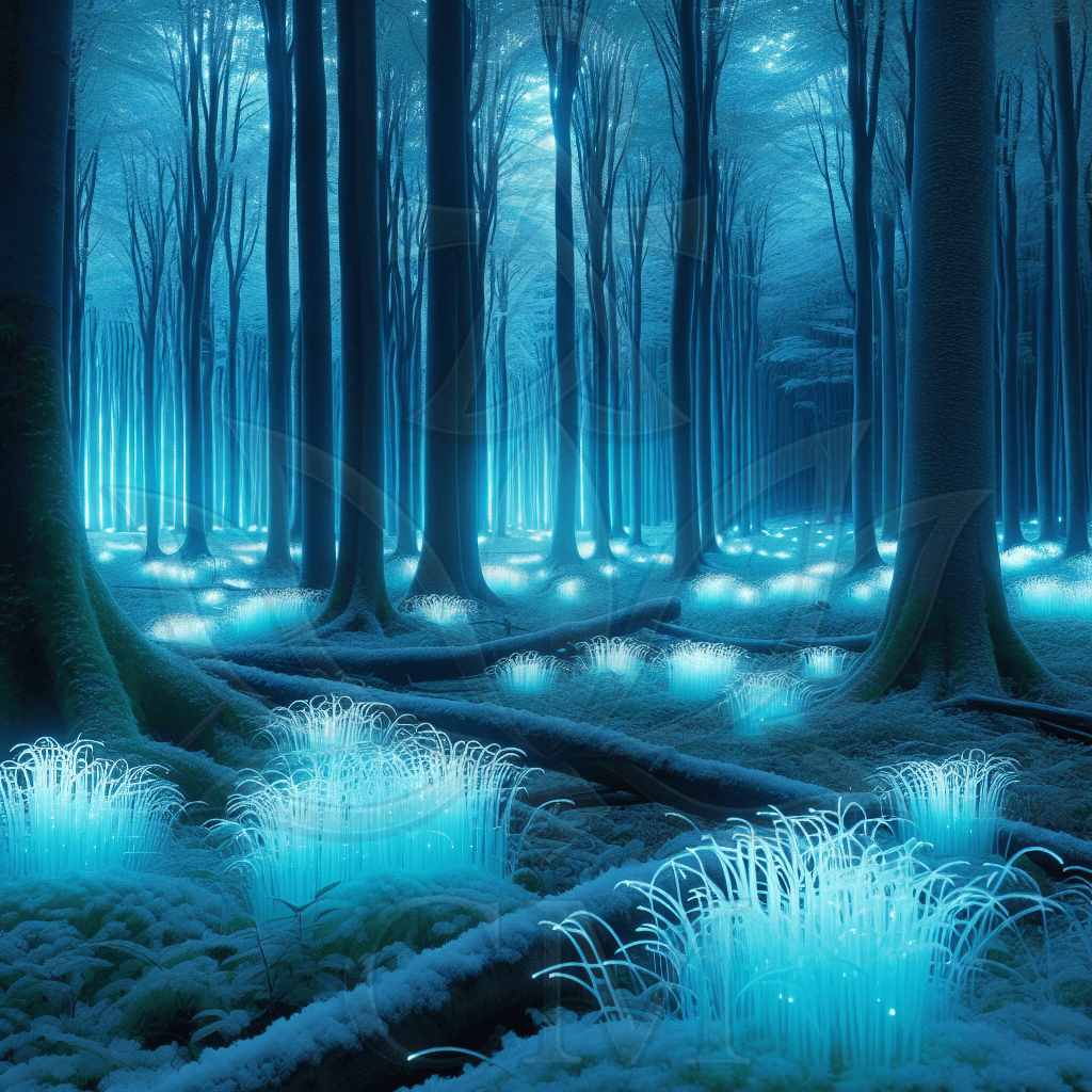 Blauer Winterwald mit leuchtenden Pflanzen, die wie kleine Lichtbüschel im Schnee glimmen.