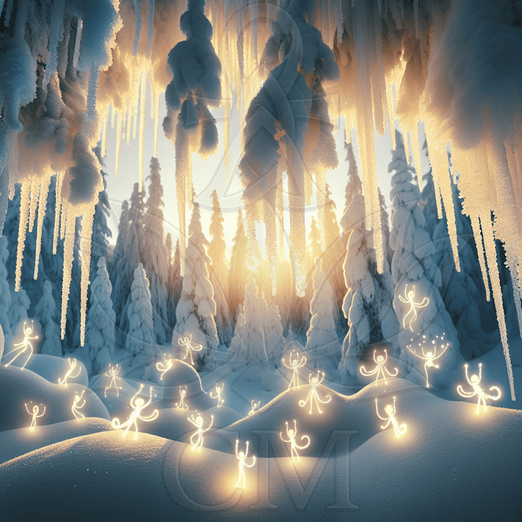 Winterlandschaft mit Eiszapfen, Schneehügeln und kleinen leuchtenden Figuren, die wie Lichtwesen tanzen.
