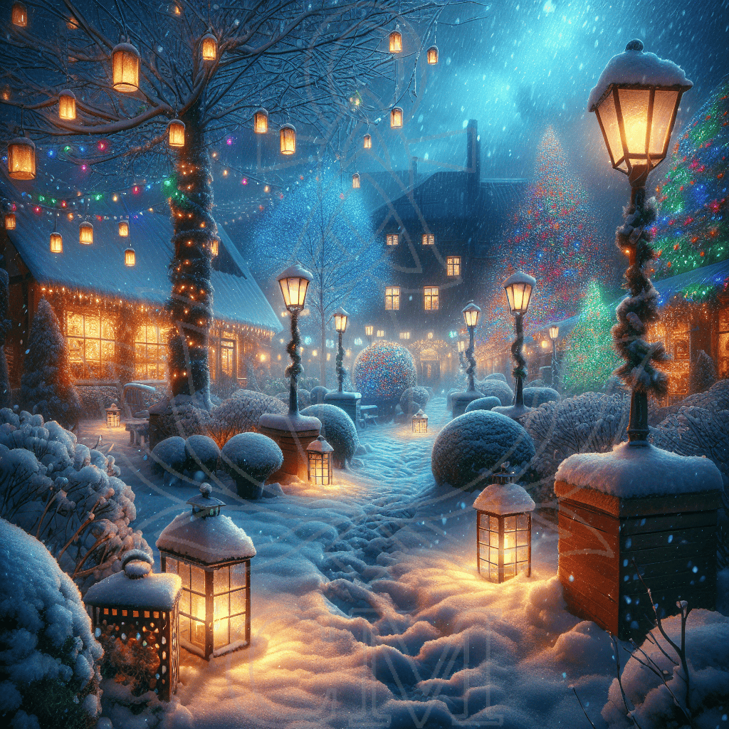 Verschneiter Garten mit vielen Laternen, Lichterketten, beleuchteten Fenstern und glitzernden winterlichen Dekorationen bei Nacht.