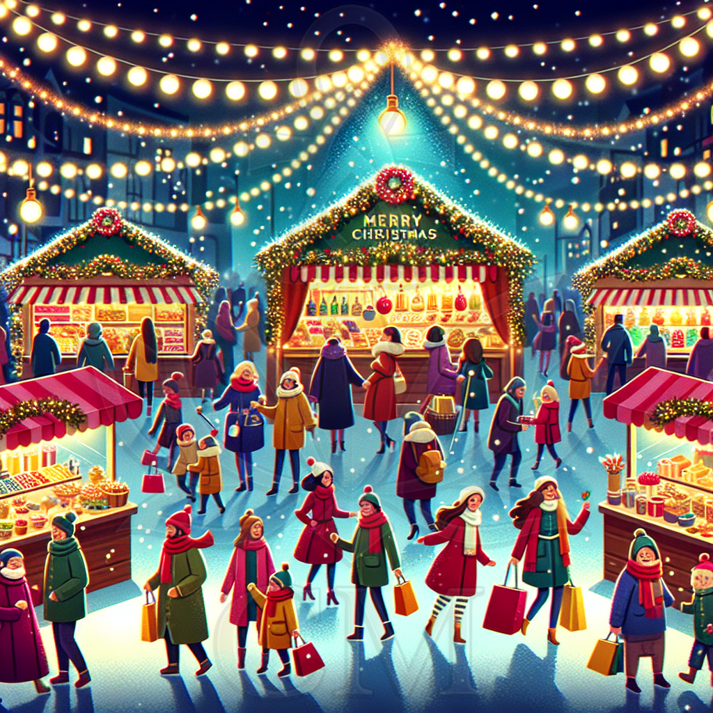 Belebter Weihnachtsmarkt mit vielen Besuchern, festlich geschmückten Ständen, Lichterketten und fröhlicher Winterstimmung.