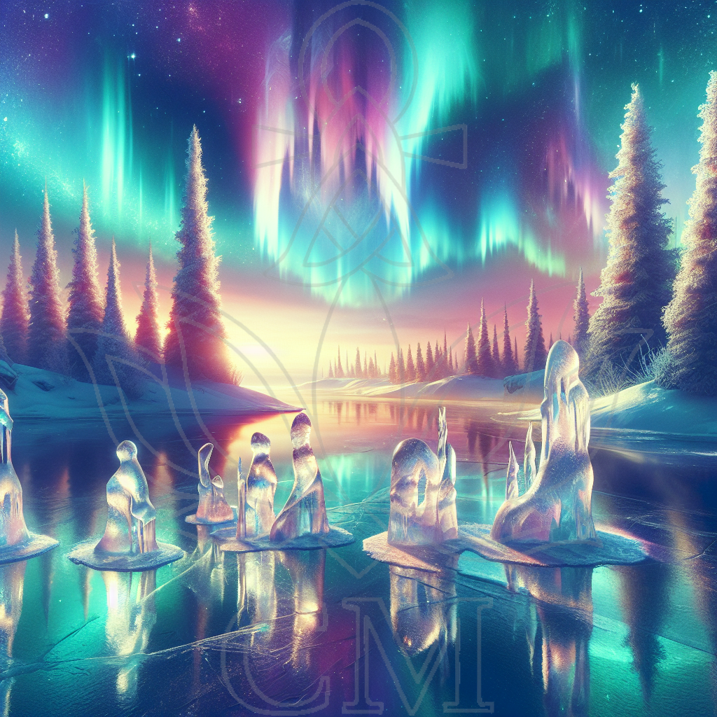 Wenn das Eis zu sprechen beginnt - Magische Winterlandschaft mit Eisfiguren auf gefrorenem See, Nordlichter am Himmel, verschneite Tannen im Hintergrund.