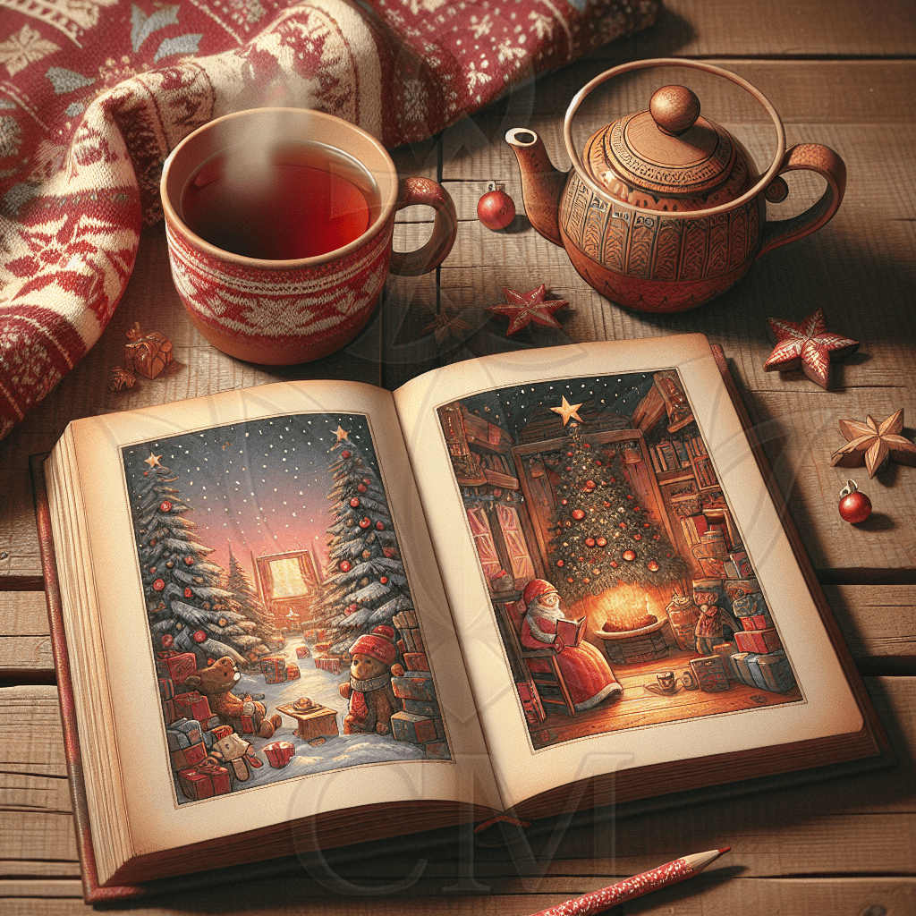 Offenes Weihnachtsbuch mit Illustrationen, dampfende Teetasse, Holztisch und weihnachtliche Dekoration.