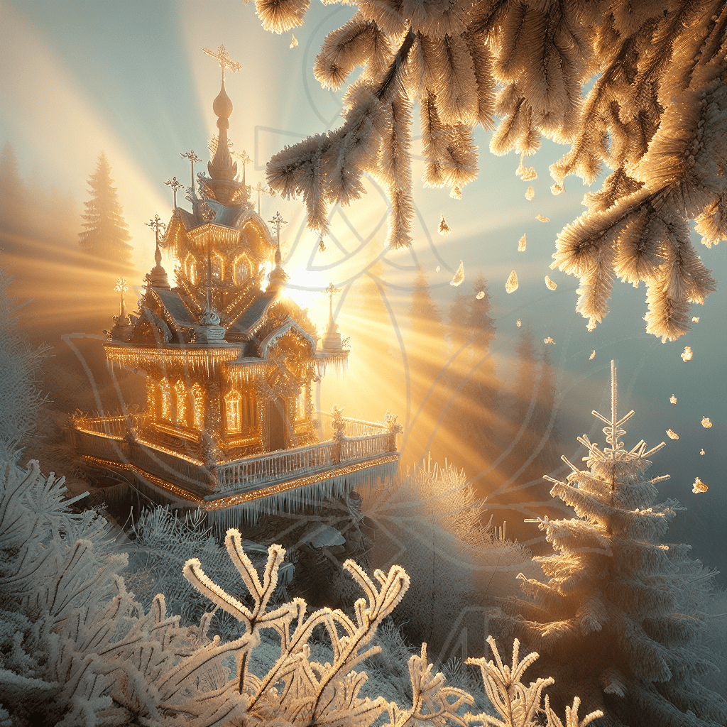 Golden leuchtendes, tempelartiges Bauwerk im Winterwald, Sonnenstrahlen im Nebel, vereiste Zweige und schimmerndes Licht.