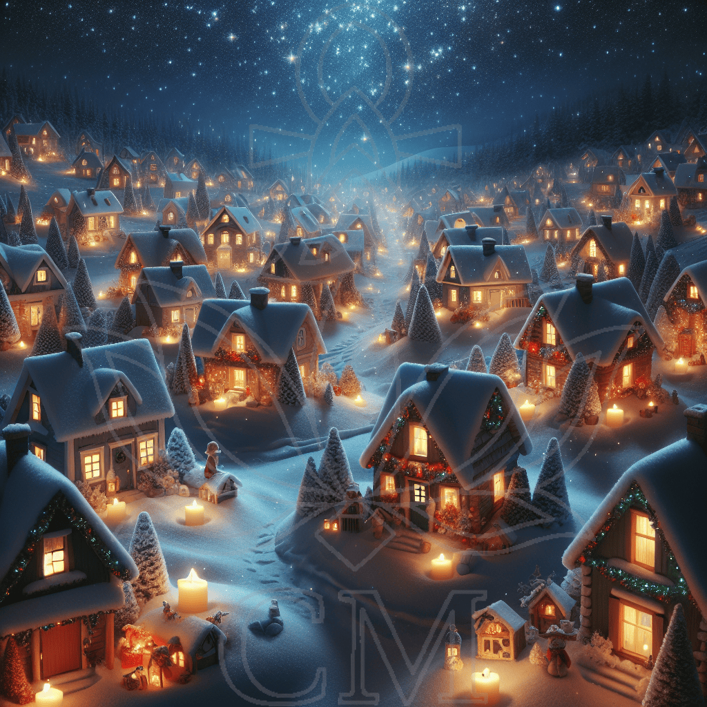 Verschneites Dorf bei Nacht mit warm erleuchteten Häusern, Kerzen im Schnee, sternklarer Himmel über winterlicher Landschaft.