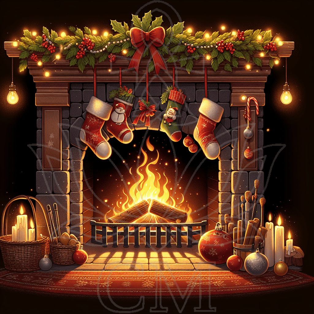 Gemütlicher Kamin mit brennendem Feuer, aufgehängten Weihnachtsstrümpfen, Kerzen, Kugeln und festlicher Dekoration.