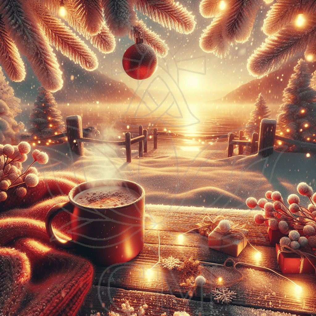 Winterlicher Abend am See mit warmem Licht, Tasse auf Holztisch, Weihnachtskugel im Zweig, sanfte Schneelandschaft. - Wenn der Tag leise wird