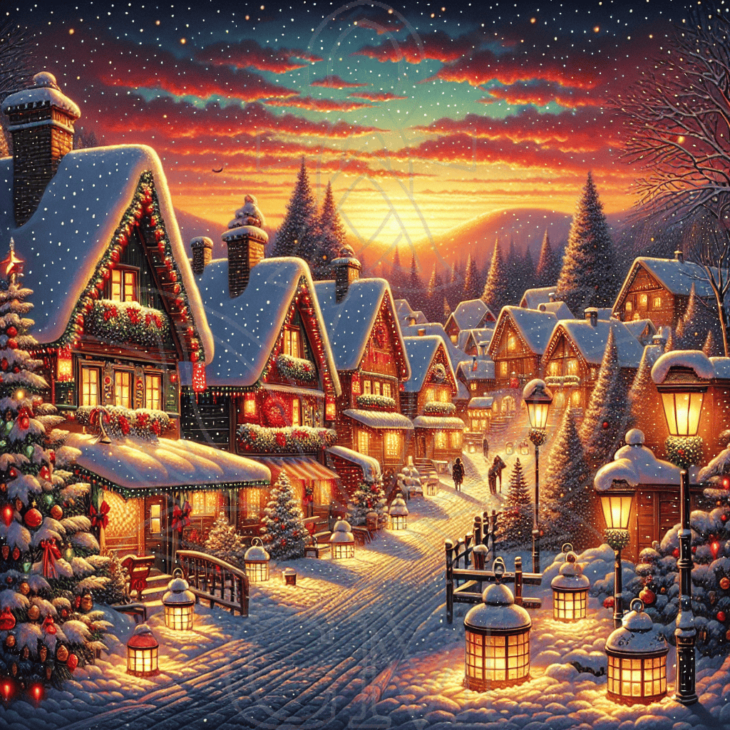 Verschneites Weihnachtsdorf bei Sonnenuntergang mit warm erleuchteten Häusern, Laternen und ruhigem Winterabend.
