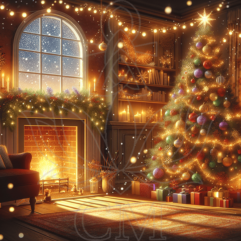 Gemütliches Wohnzimmer an Heiligabend mit beleuchtetem Weihnachtsbaum, Kaminfeuer und warmem Kerzenlicht.