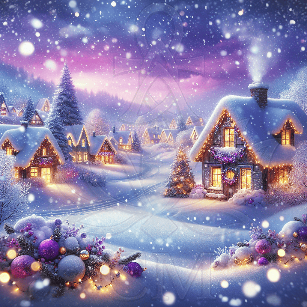 Verschneites Winterdorf bei Abendhimmel, leuchtende Häuser, Weihnachtsdekoration, sanfter Schneefall und warme Fensterlichter.