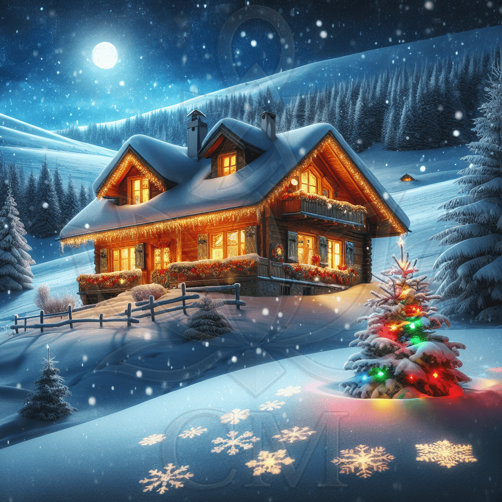 Verschneites Holzhaus im Mondlicht, warm leuchtende Fenster, kleiner geschmückter Weihnachtsbaum draußen und funkelnde Schneeflocken.