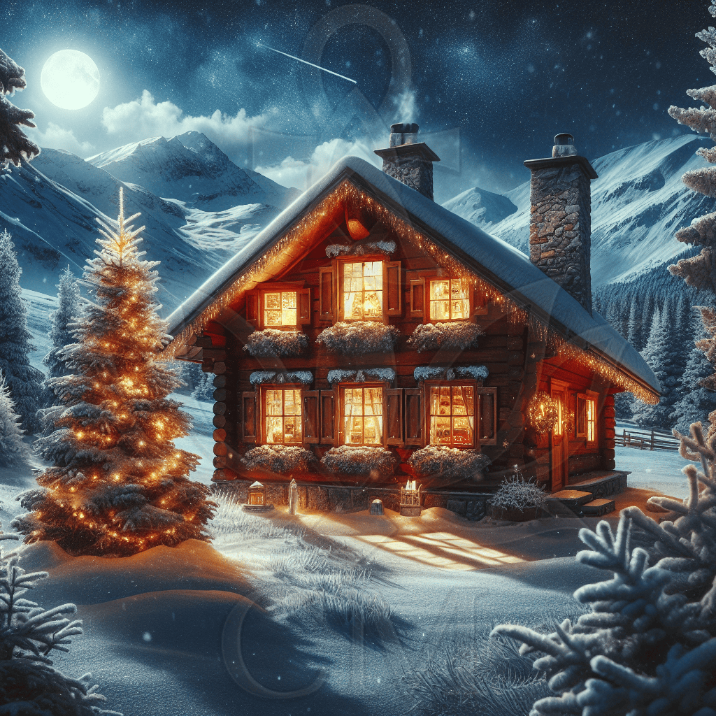 Verschneites Holzhaus im Gebirge bei Nacht, warm erleuchtete Fenster, geschmückter Baum, Sternenhimmel mit Sternschnuppe.