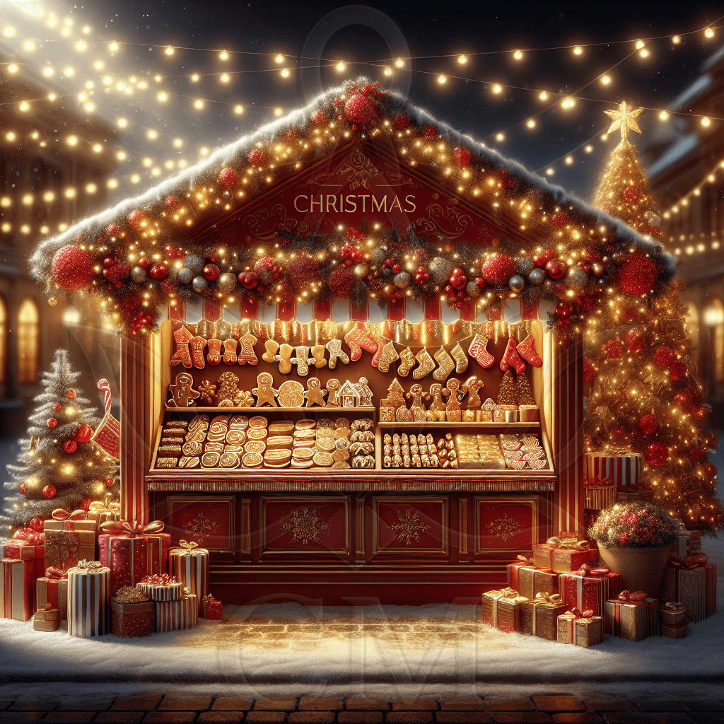 Weihnachtsmarktstand voller Lebkuchen, Plätzchen und Geschenkpakete, umrahmt von Lichterketten, Weihnachtsbaum und festlicher Dekoration.
