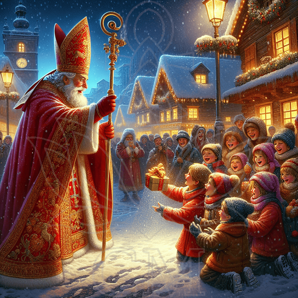 Traditioneller Nikolaus in rotem Gewand überreicht Kindern ein Geschenk, leuchtende Winterstraße, lachende Kinder und verschneite Häuschen. - Der Nikolaus, der mehr schenkte als Geschenke