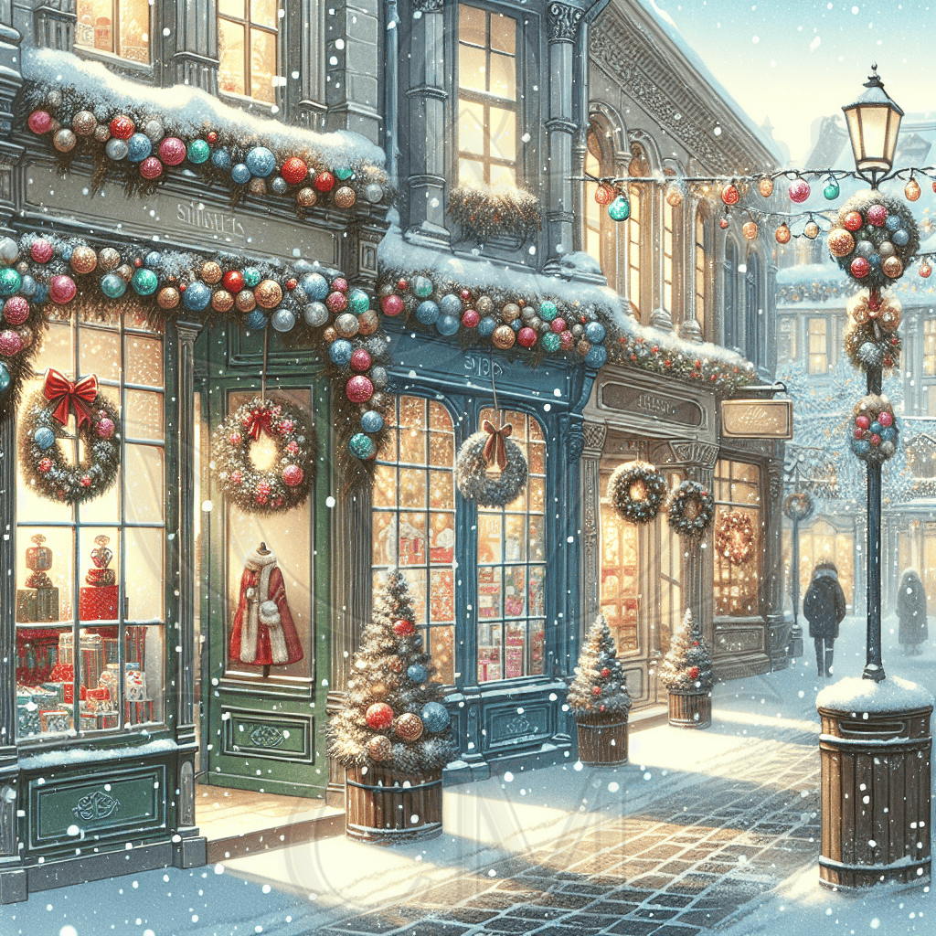 Verschneite, weihnachtlich dekorierte Altstadtstraße mit geschmückten Schaufenstern, Lichterketten, Kränzen und kleinen Tannenbäumen.