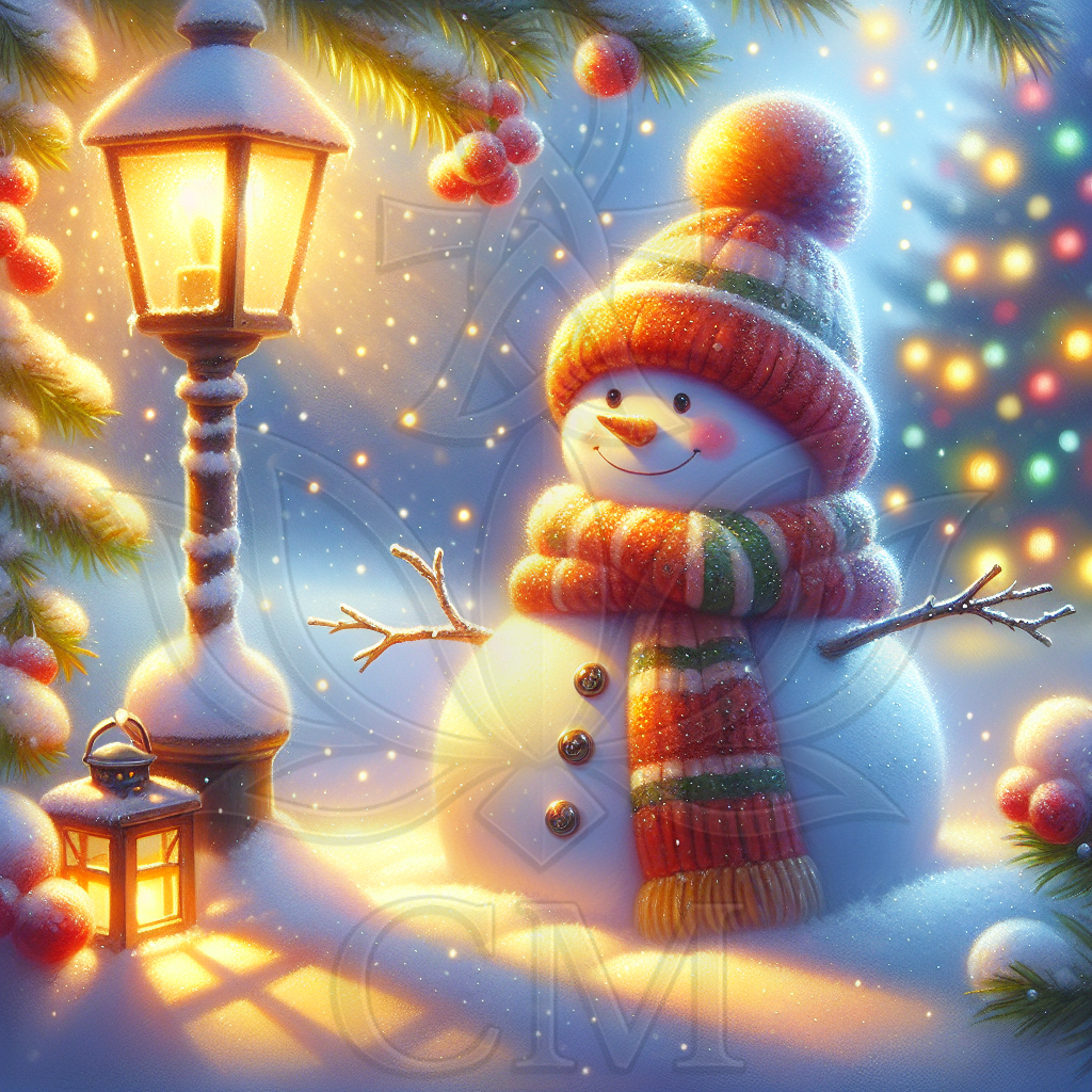 Kleiner lächelnder Schneemann mit Mütze und Schal im warmen Laternenlicht, funkelnder Schnee, weihnachtliche Dekoration.
