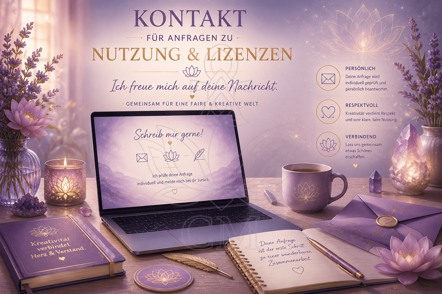 Elegantes Kontaktbild in Lavendel- und Violetttönen mit Laptop, Briefumschlag, Lotosblumen und warmem Licht – passend für eine Kontaktseite zu Nutzung und Lizenzen kreativer Inhalte.