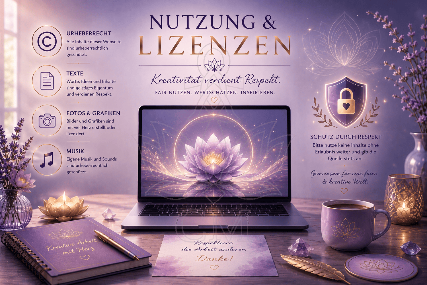Elegantes digitales Artwork in sanften Lavendel- und Violetttönen mit Laptop, Lotosblume und Symbolen für Urheberrecht, Musik, Texte und Schutzrechte – passend zum Thema Nutzung und Lizenzen kreativer Inhalte