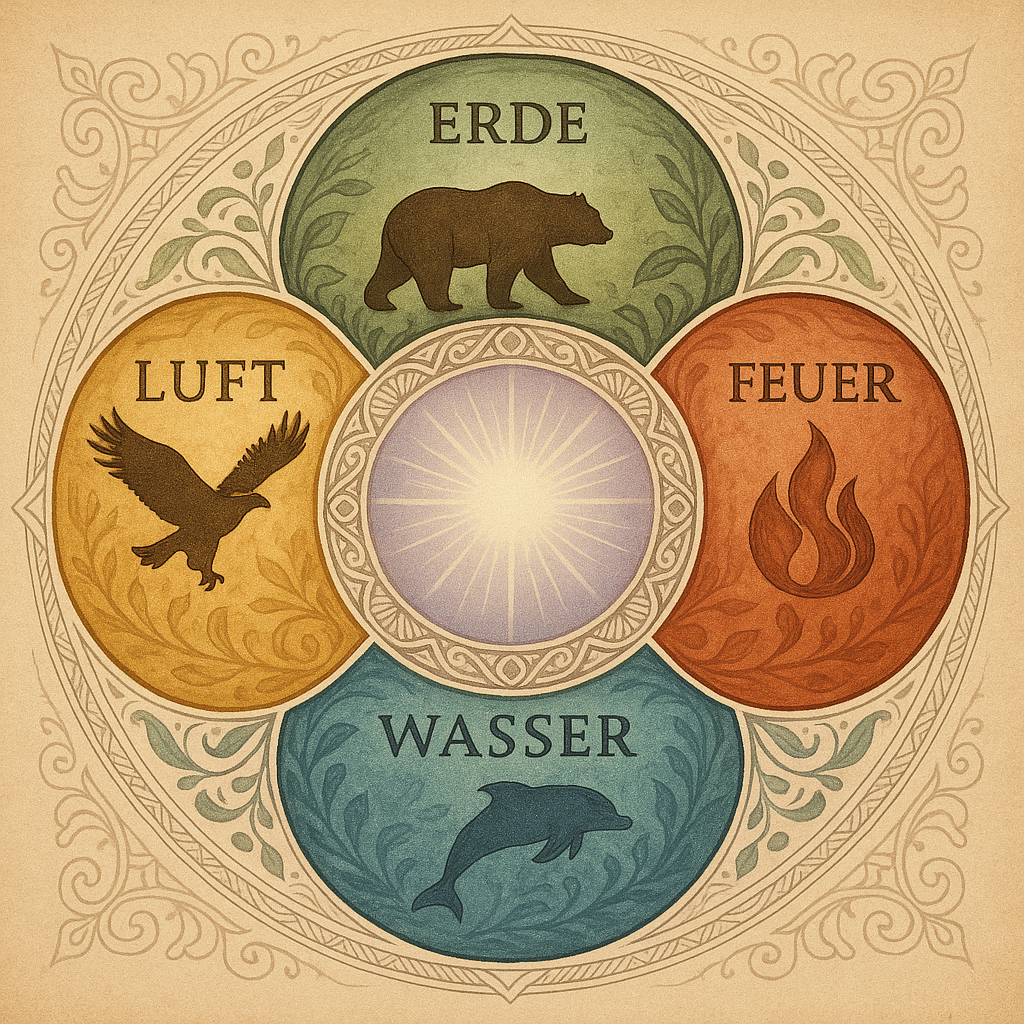 Mandala-Darstellung der fünf Elemente – Erde, Wasser, Feuer, Luft und Äther – als spirituelle Symbole in einem kreisförmig gestalteten Bild