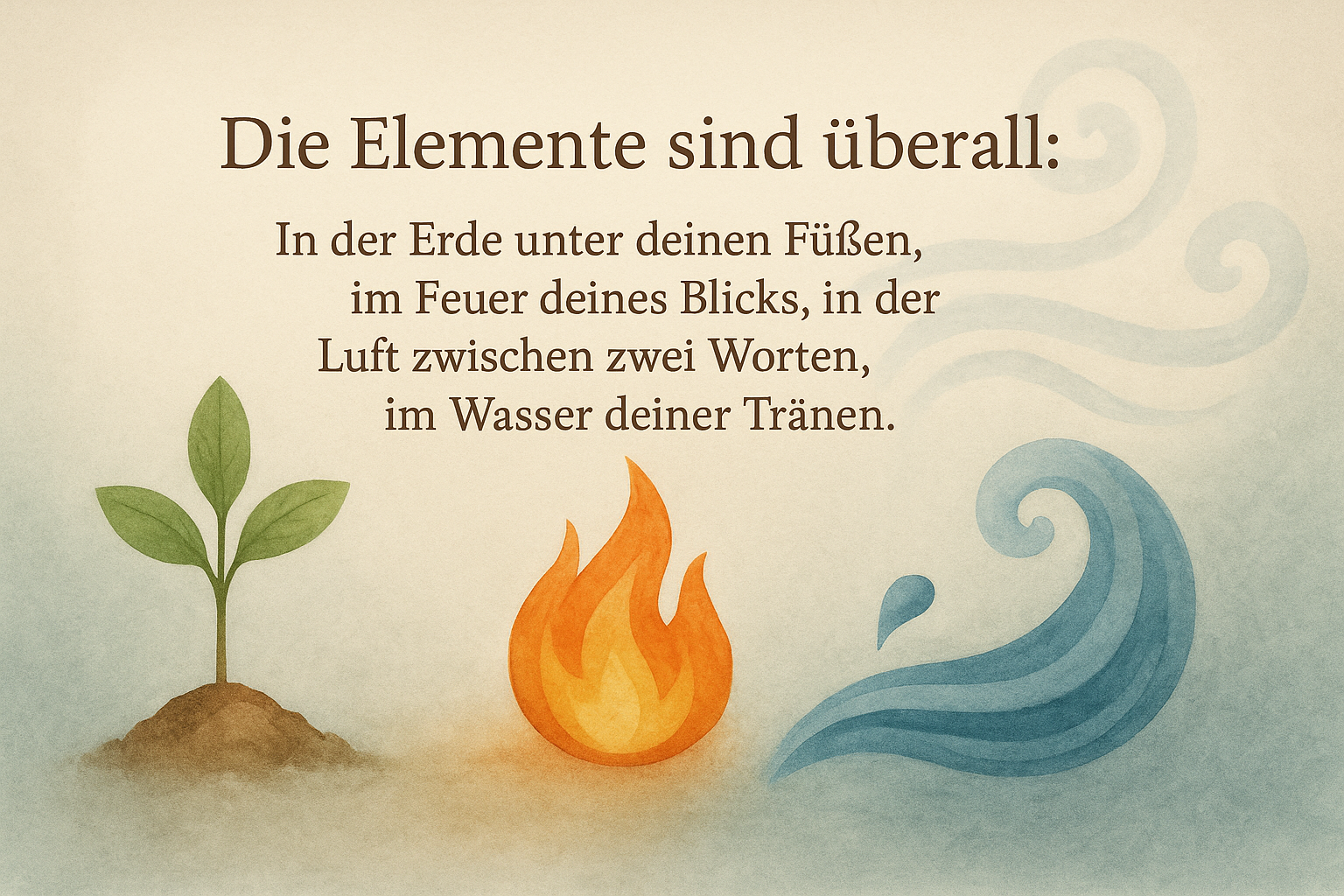 Illustration der vier Elemente mit dem Zitat: Die Elemente sind überall – in der Erde unter deinen Füßen, im Feuer deines Blicks, in der Luft zwischen zwei Worten, im Wasser deiner Tränen.