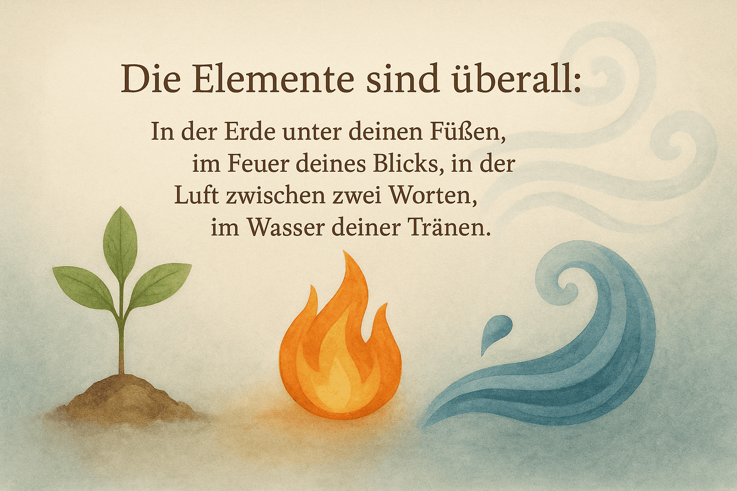 Illustration der vier Elemente mit dem Zitat: Die Elemente sind überall – in der Erde unter deinen Füßen, im Feuer deines Blicks, in der Luft zwischen zwei Worten, im Wasser deiner Tränen.