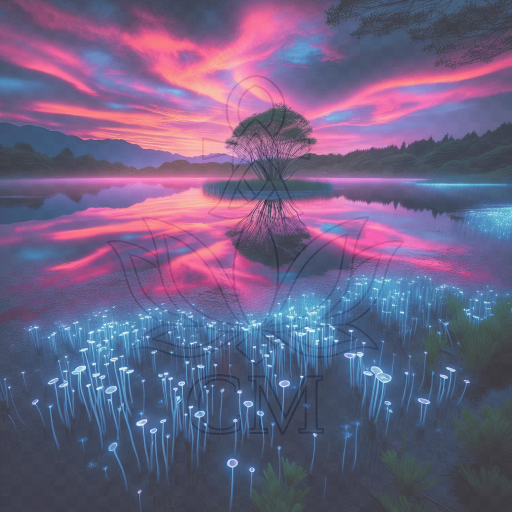 Leuchtender See bei Sonnenuntergang; biolumineszierende Pflanzen am Ufer; einzelner Baum auf Insel spiegelt sich im Wasser.