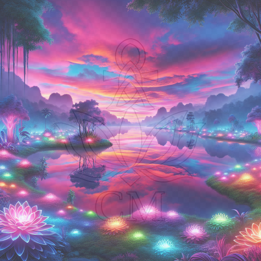 Leuchtende Lotusblüten am Ufer und auf einem See; farbintensiver Sonnenuntergang spiegelt sich im Wasser.